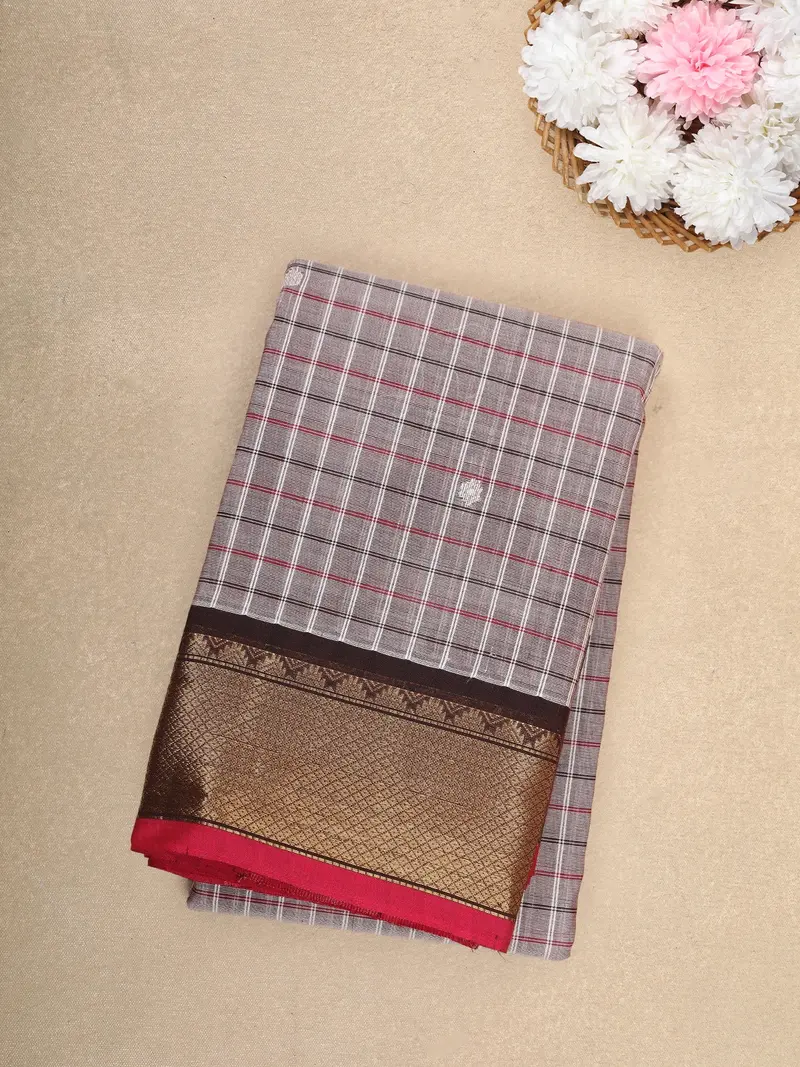 Grey Checks Design Cotton Saree With Black Zari Woven Border 1