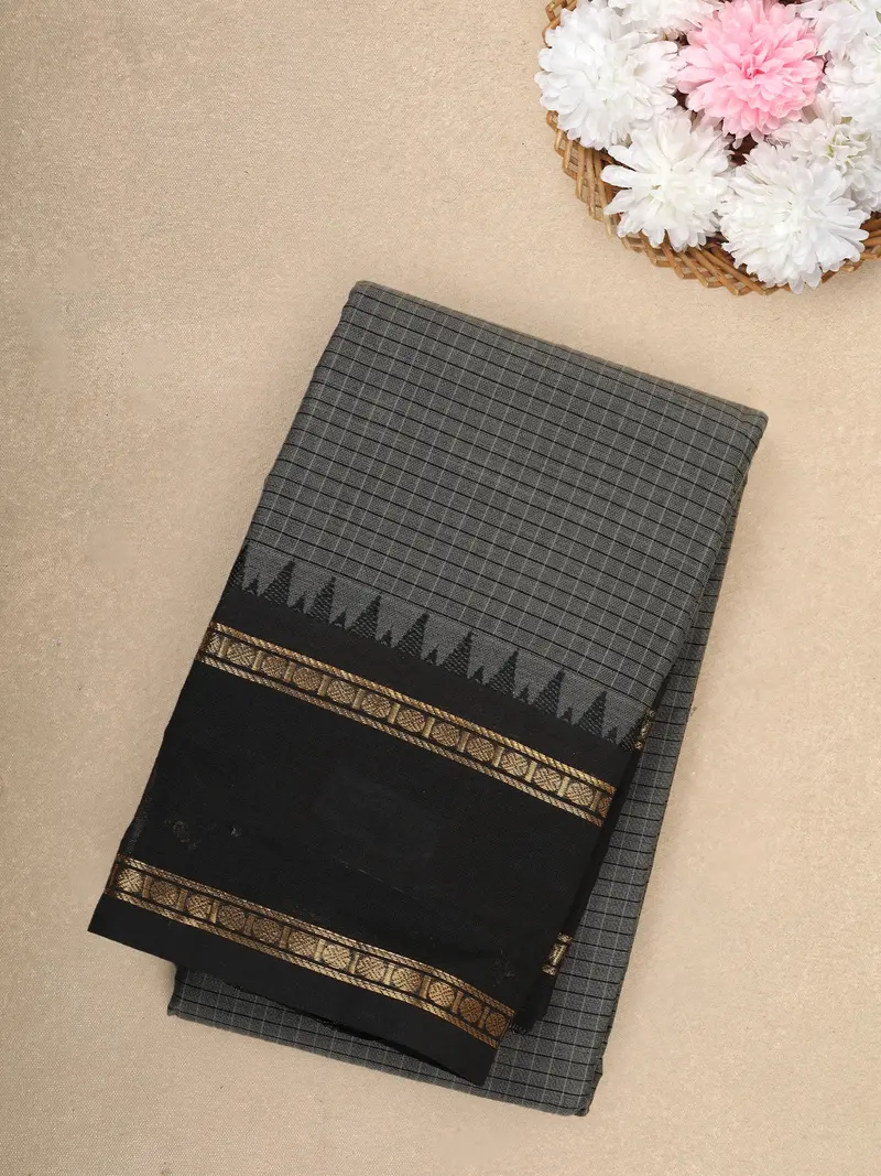 Grey Checks Design Cotton Saree With Contrast Black Zari Woven Border 1