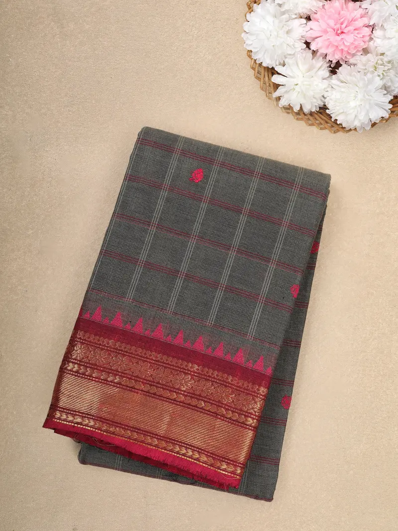 Grey Checks Design Cotton Saree With Red Zari Woven Border 1