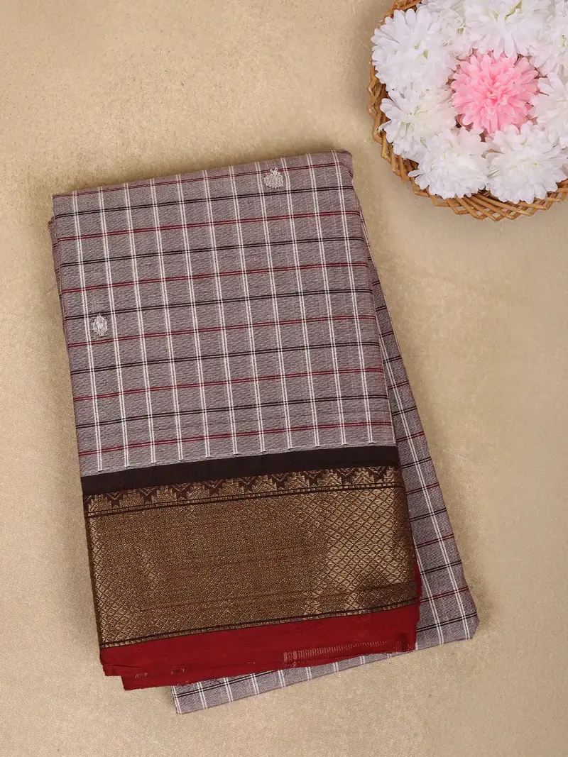 Grey Checks Design Cotton Saree With Zari Border 1
