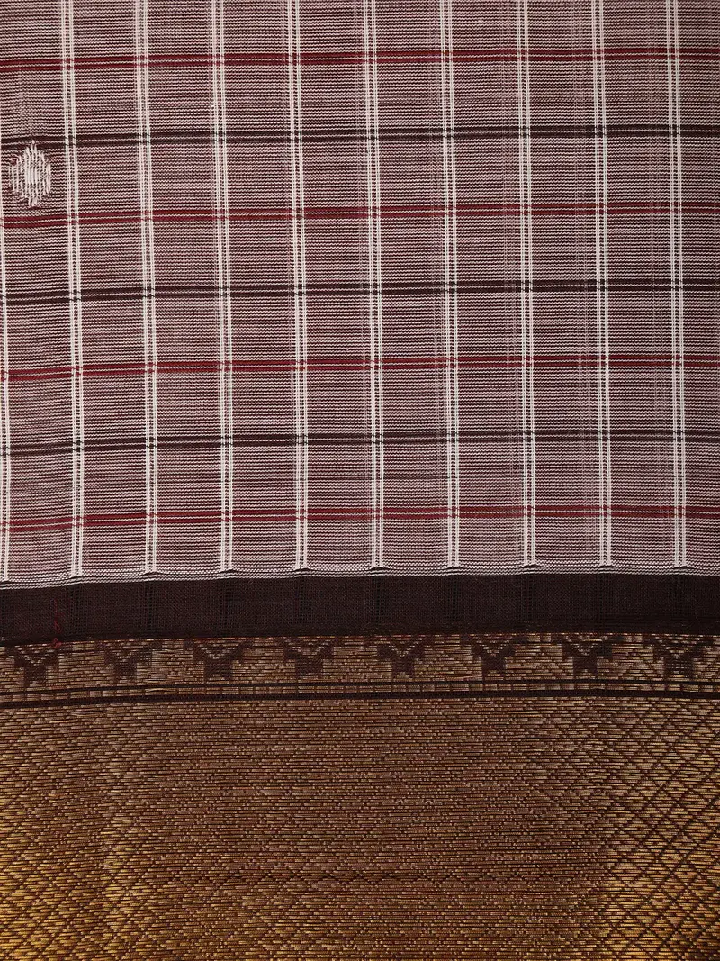 Grey Checks Design Cotton Saree With Zari Border 2