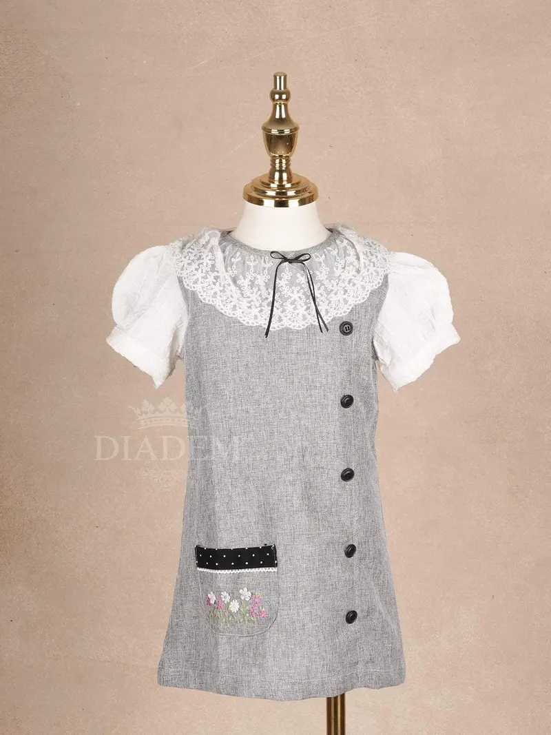 Grey Cotton Frock Adorned With Black Buttons And Peter Pan Collar For Girls 1