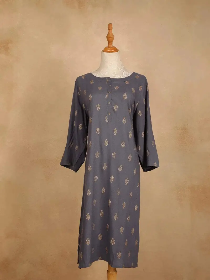 Grey Cotton Kurti Top Adorned With Design Prints, Without Dupatta 1