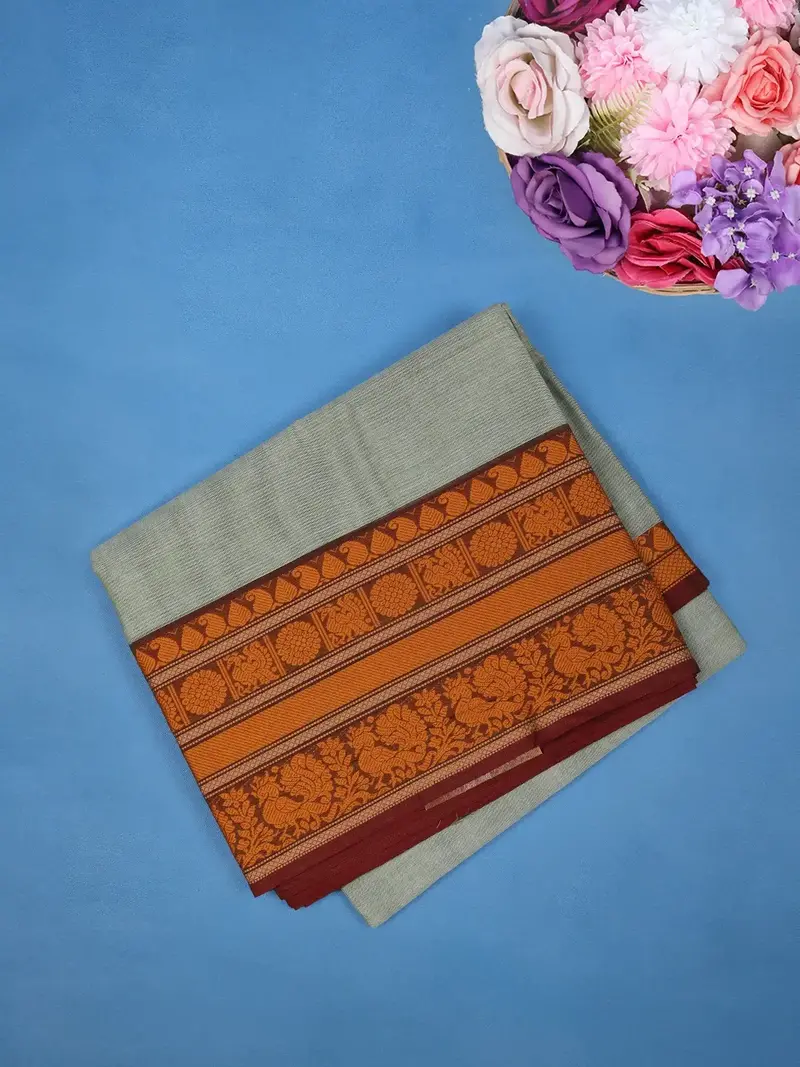 Grey Cotton Saree With Rust Orange Woven Peacock And Floral Border 1