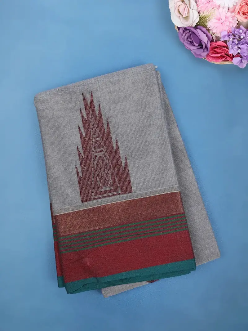 Grey Cotton Saree With Temple Motif And Contrast Woven Border 1