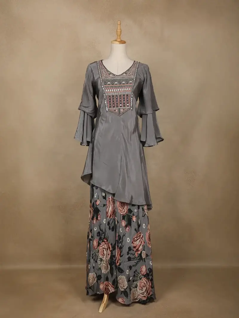 Grey Embellished Design Crepe Palazzo Salwar Suit 1