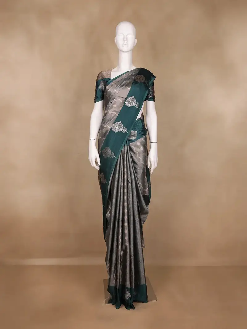 Grey Floral And Stripes Designed Semi Tissue Saree 1