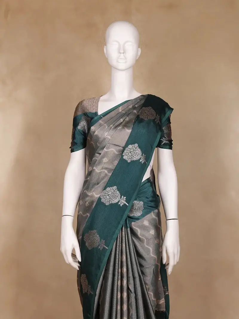 Grey Floral And Stripes Designed Semi Tissue Saree 2