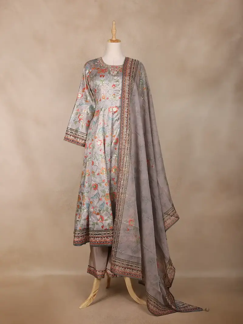 Grey Floral Design Cotton Palazzo Suit 1