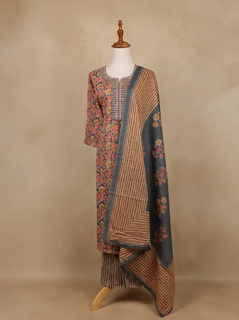Grey Floral Design Printed Cotton Salwar Suit 1