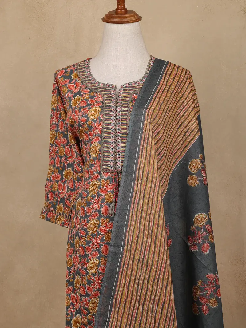 Grey Floral Design Printed Cotton Salwar Suit 2