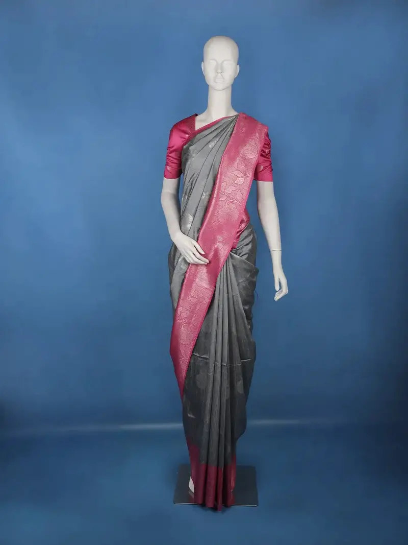 Grey Floral Design Semi Tussar Silk Saree 1