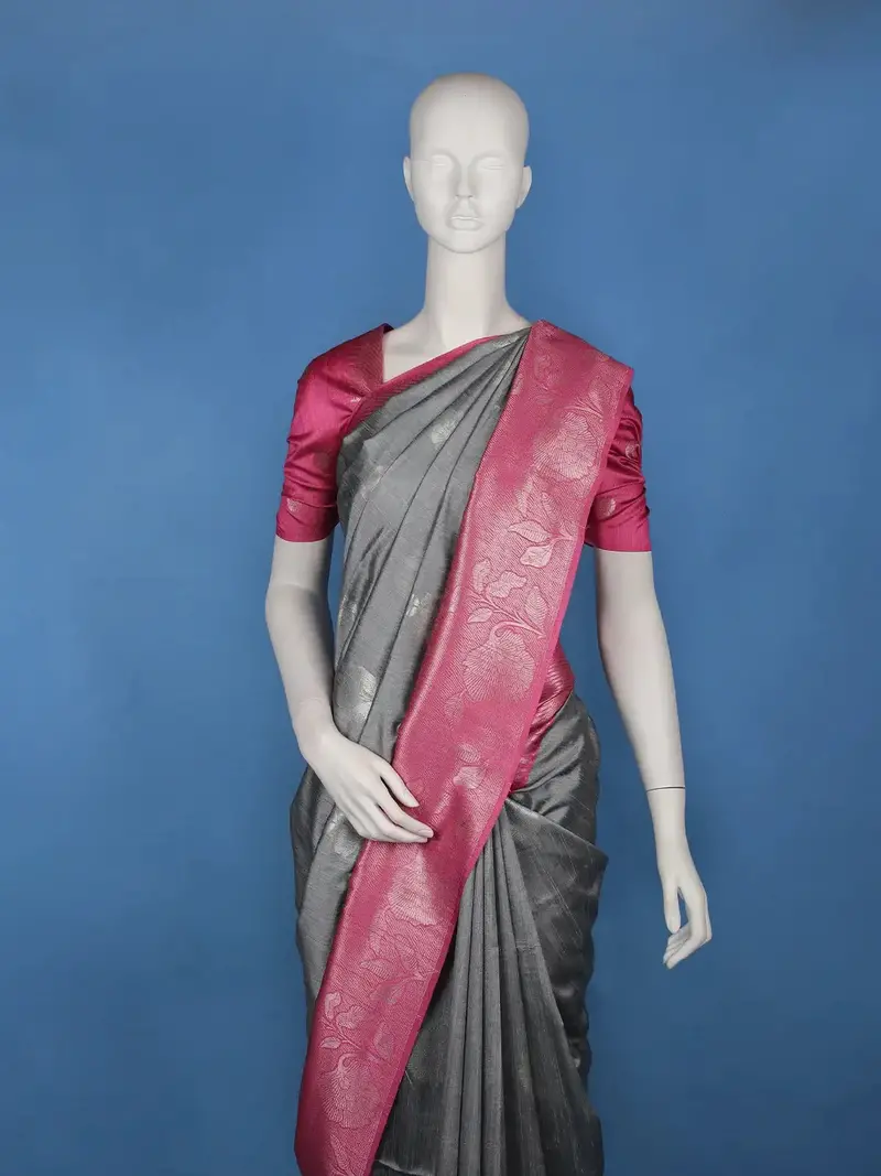 Grey Floral Design Semi Tussar Silk Saree 2