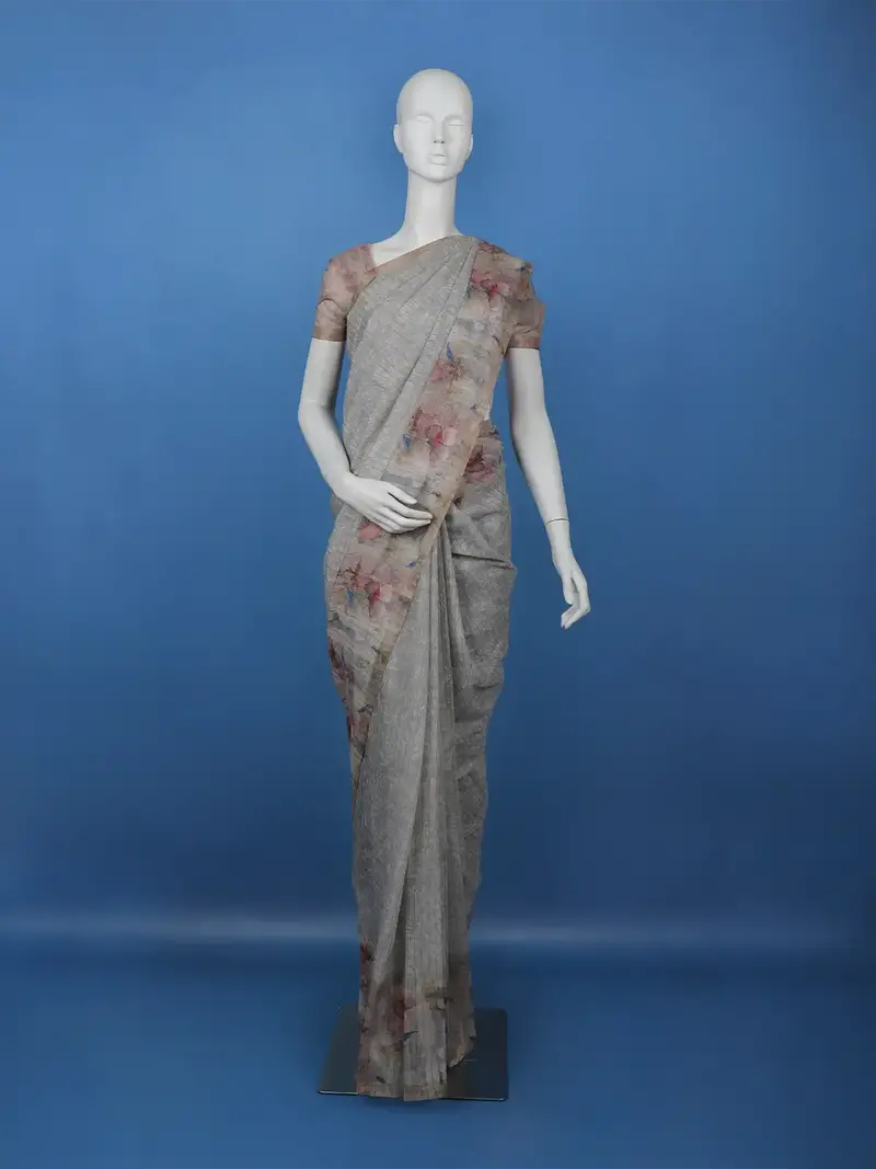 Grey Floral Design Tussar Silk Saree 1