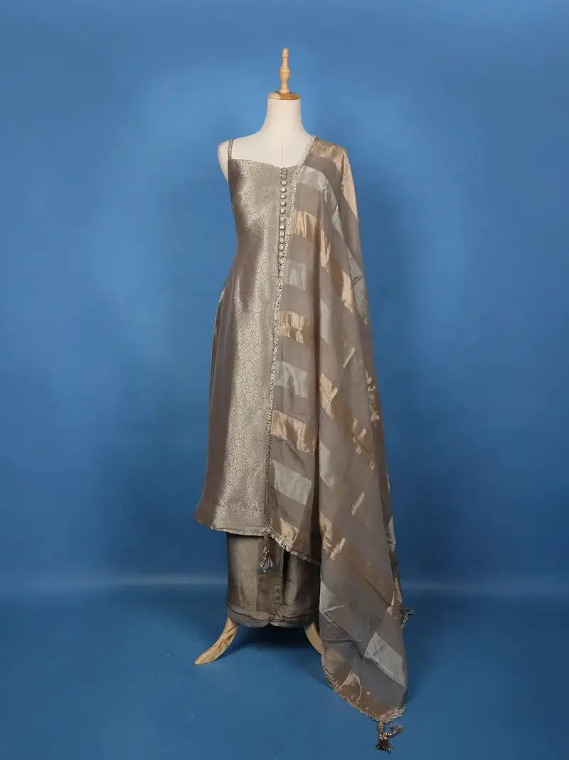Grey Floral Design Woven Banarasi Silk Salwar Suit 1