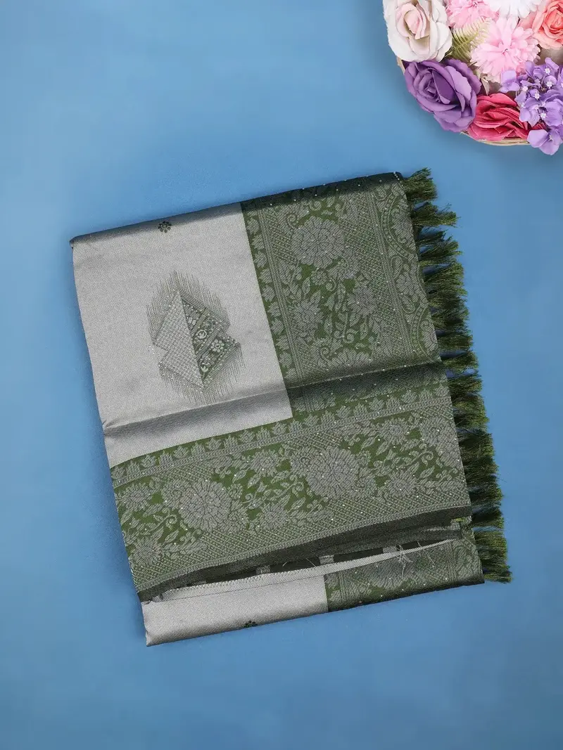 Grey Floral Design Woven Tissue Silk Saree 1