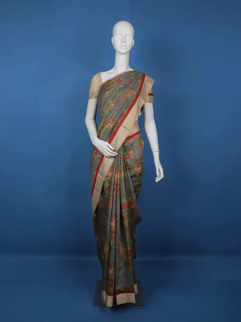 Grey Floral Designed Chanderi Cotton Saree 1