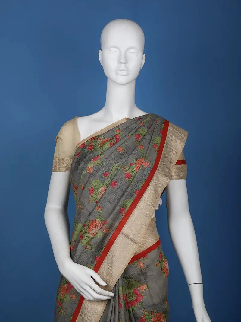 Grey Floral Designed Chanderi Cotton Saree 2