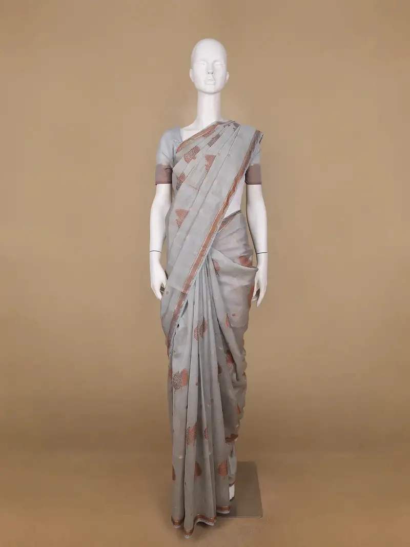 Grey Floral Designed Chiffon Saree 1