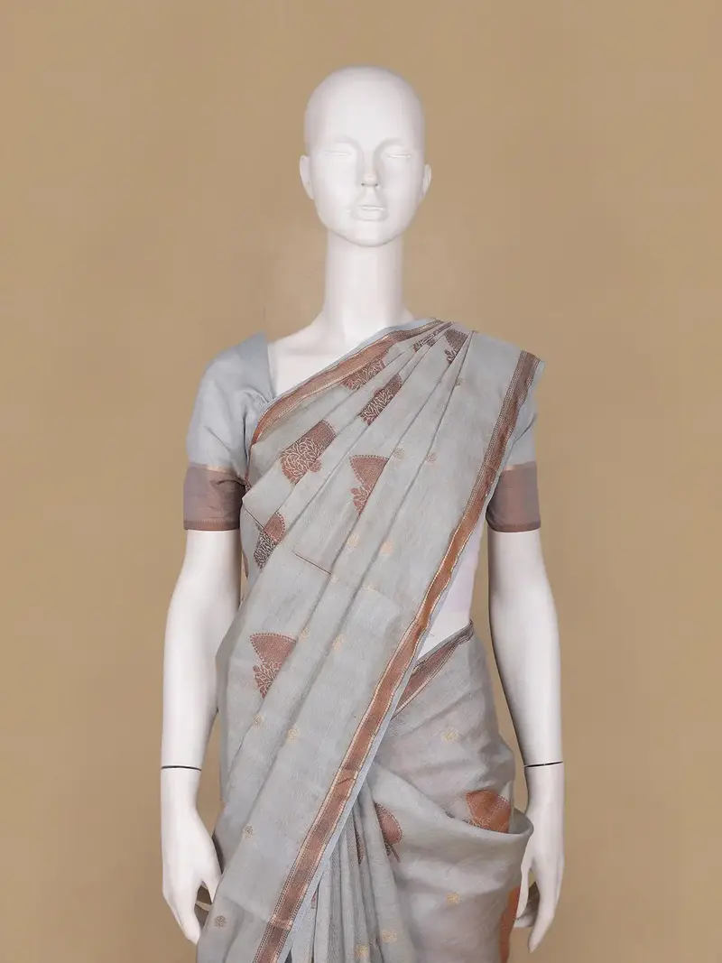 Grey Floral Designed Chiffon Saree 2