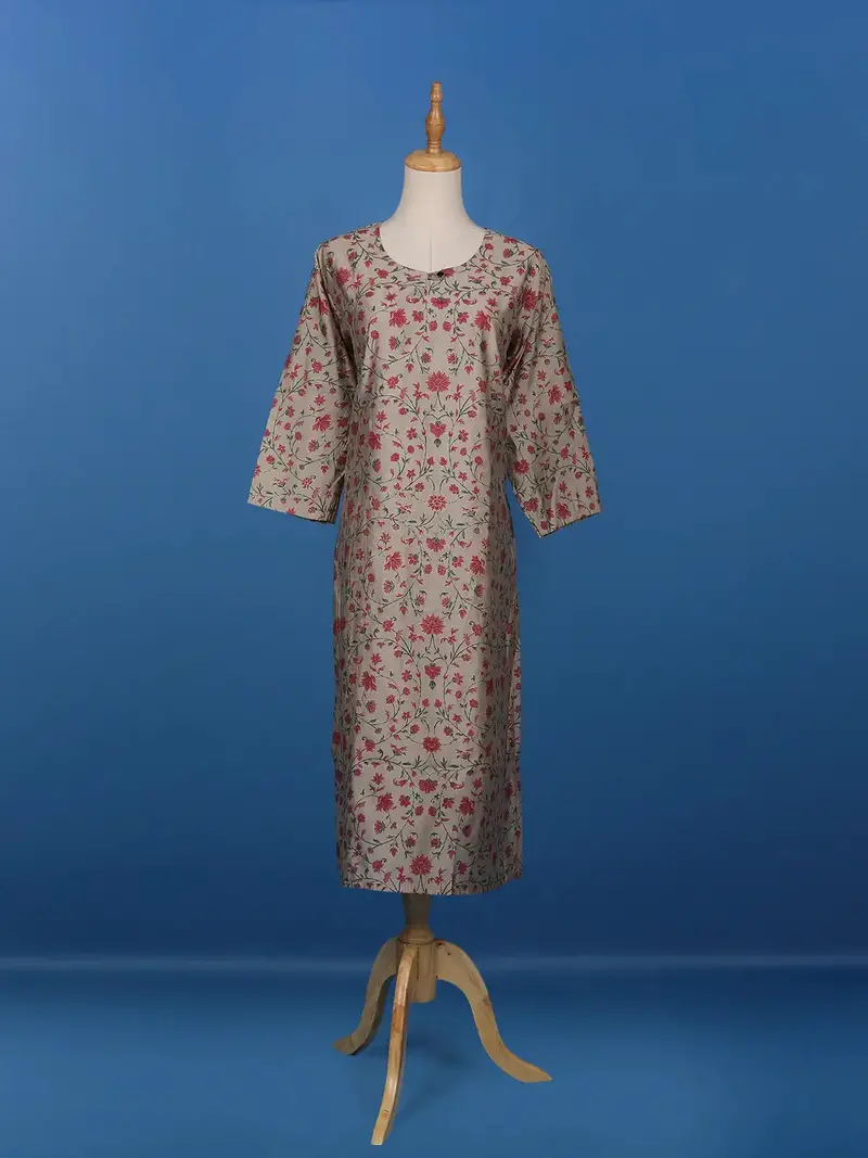 Grey Floral Designed Cotton Kurti 1