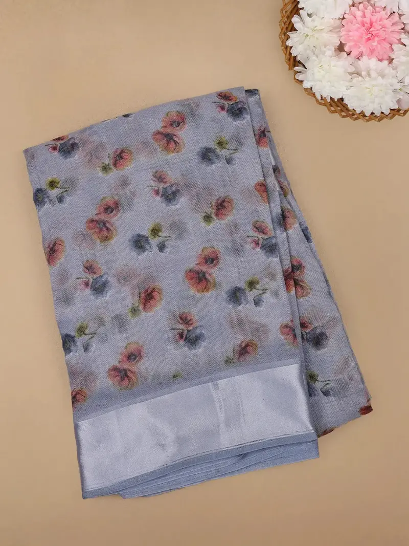 Grey Floral Designed Fancy Cotton Saree 1