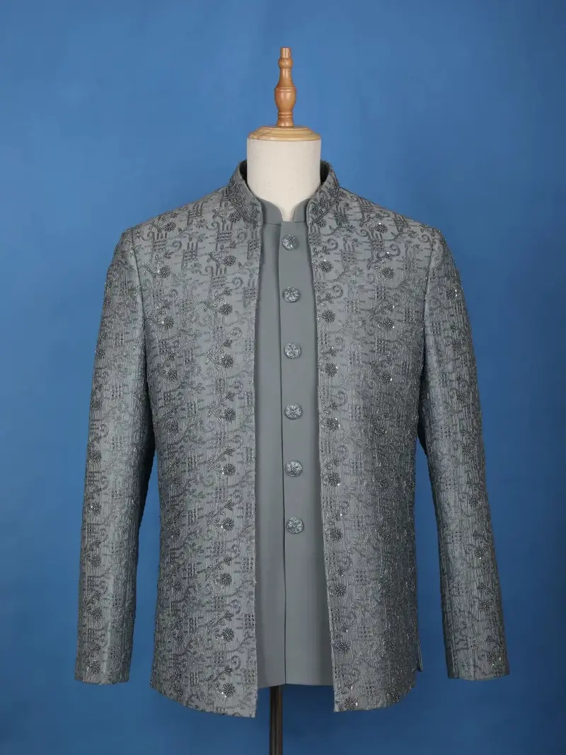 Grey Floral Designed Jodhpuri Men's Suit 1