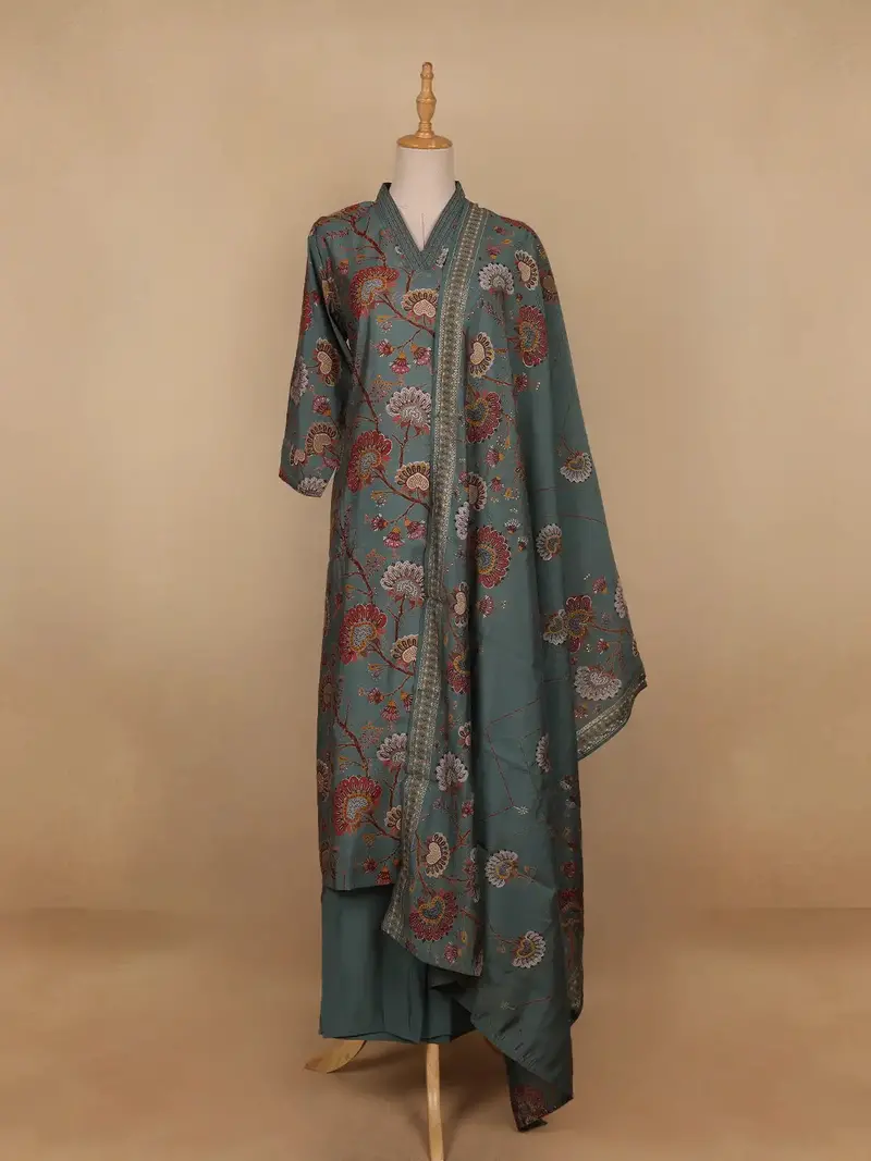 Grey Floral Designed Semi Silk Salwar Suit 1