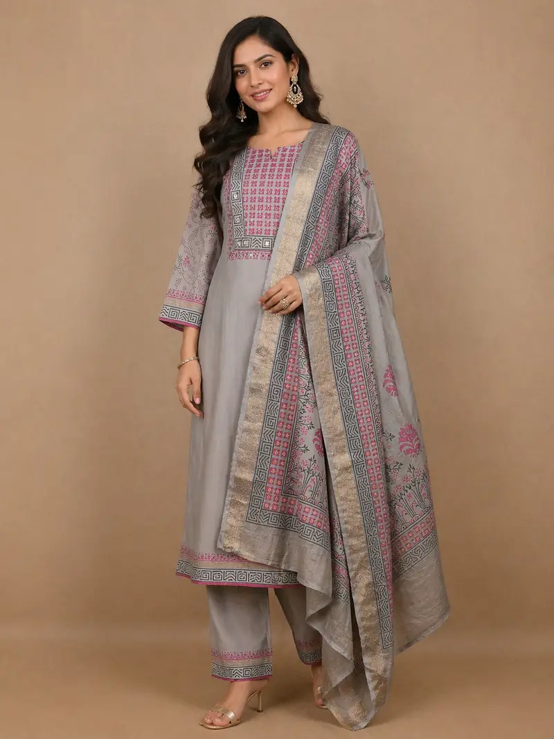 Grey Floral Designed Semi Silk Salwar Suit 1