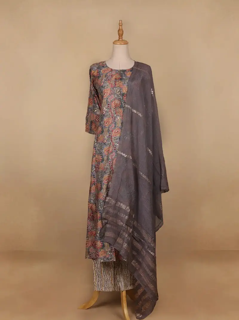 Grey Floral Designed Semi Silk Salwar Suit 1