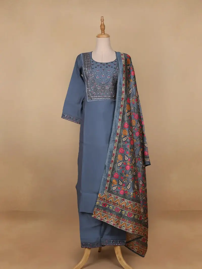 Grey Floral Designed Semi Silk Salwar Suit 1