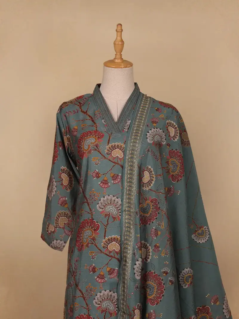 Grey Floral Designed Semi Silk Salwar Suit 2