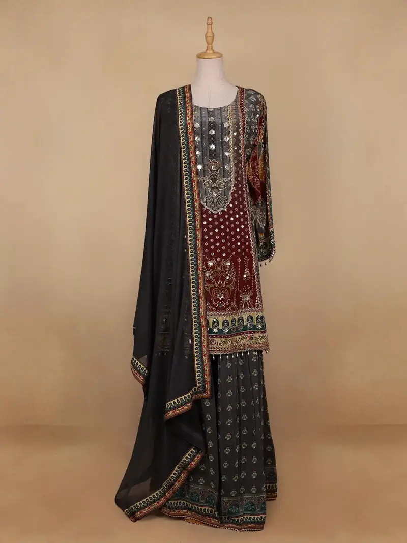 Grey Floral Designed Semi Silk Sharara Salwar Suit 1