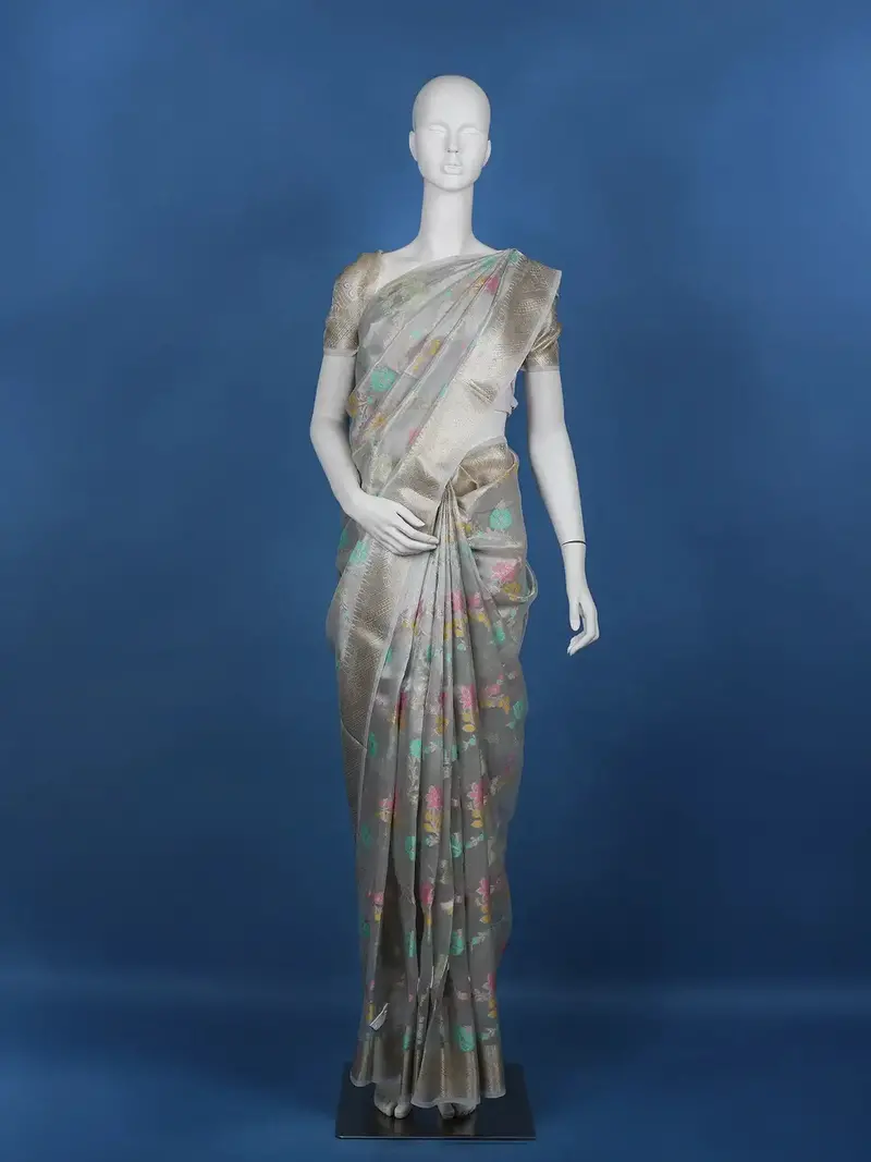 Grey Floral Designed Semi Tissue Saree 1