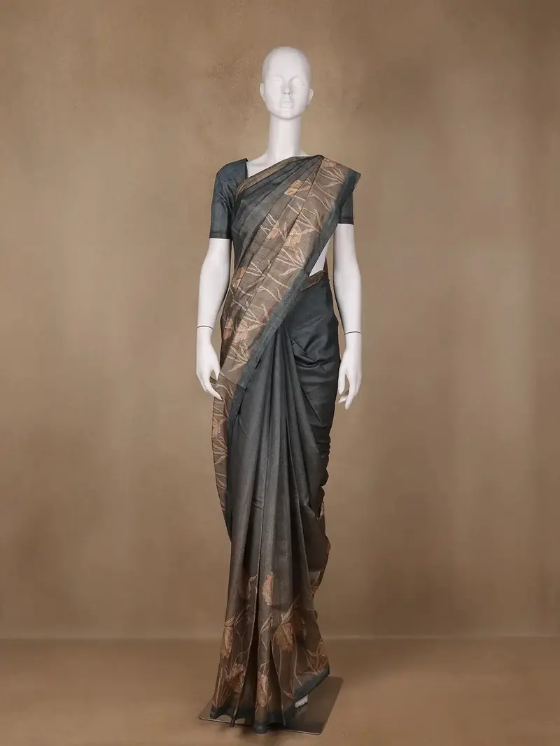 Grey Floral Designed Semi Tussar Saree 1