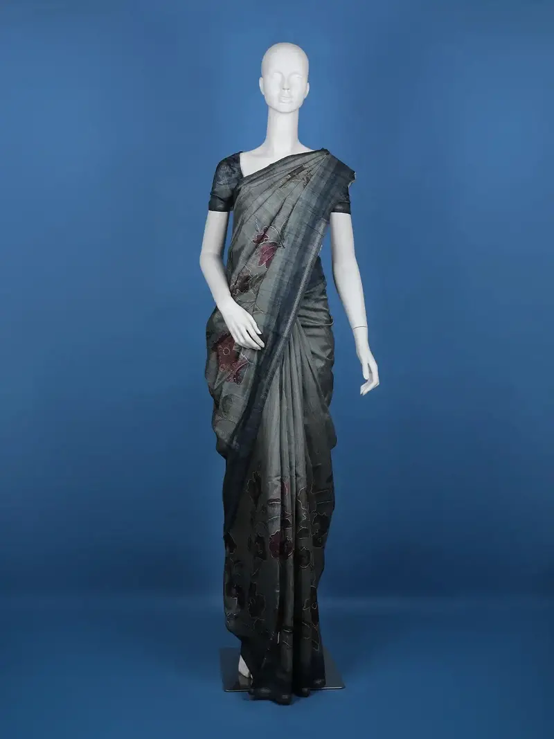 Grey Floral Designed Semi Tussar Saree 1