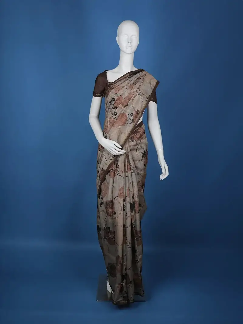 Grey Floral Designed Semi Tussar Saree 1