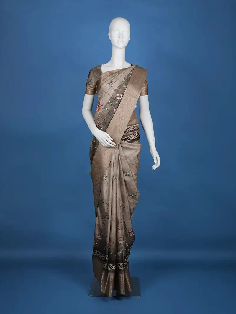 Grey Floral Designed Semi Tussar Saree 1