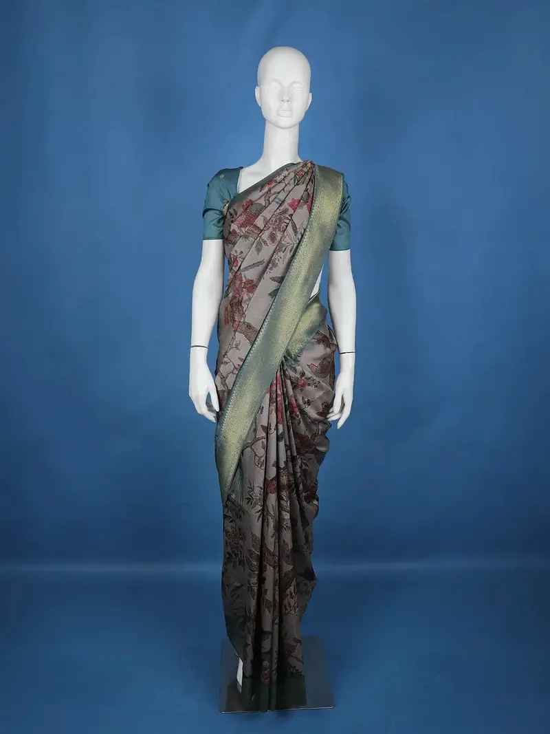 Grey Floral Designed Semi Tussar Saree 1
