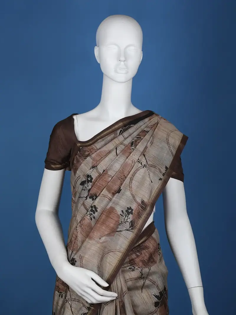 Grey Floral Designed Semi Tussar Saree 2