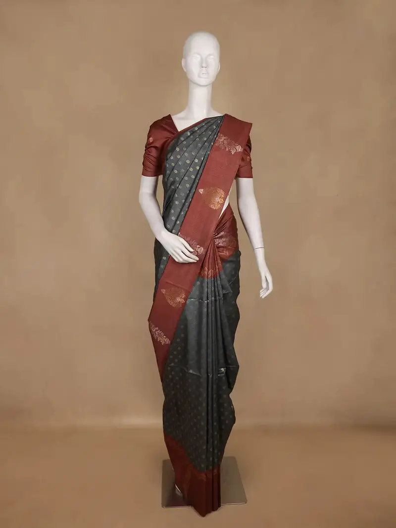 Grey Floral Designed Semi Tussar Saree With Contrast Border 1