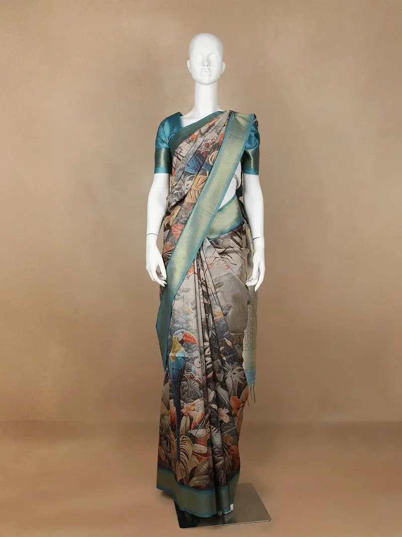 Grey Floral Designed Semi Tussar Silk Saree 1