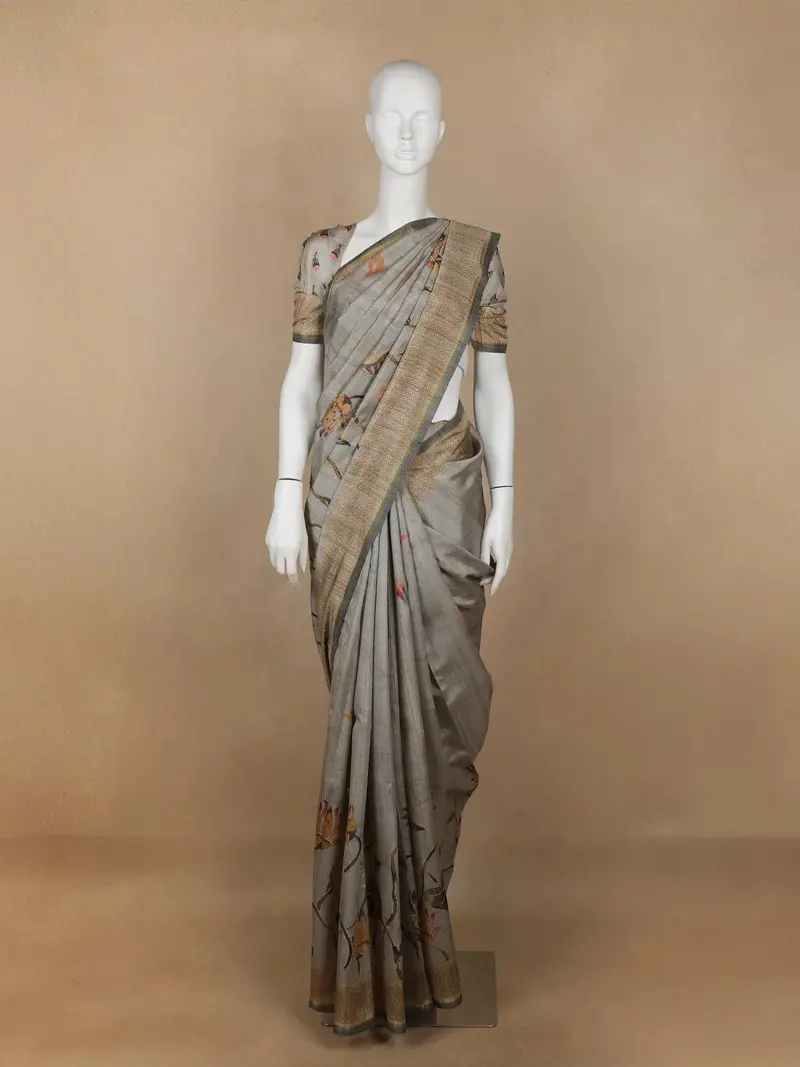 Grey Floral Designed Semi Tussar Silk Saree 1