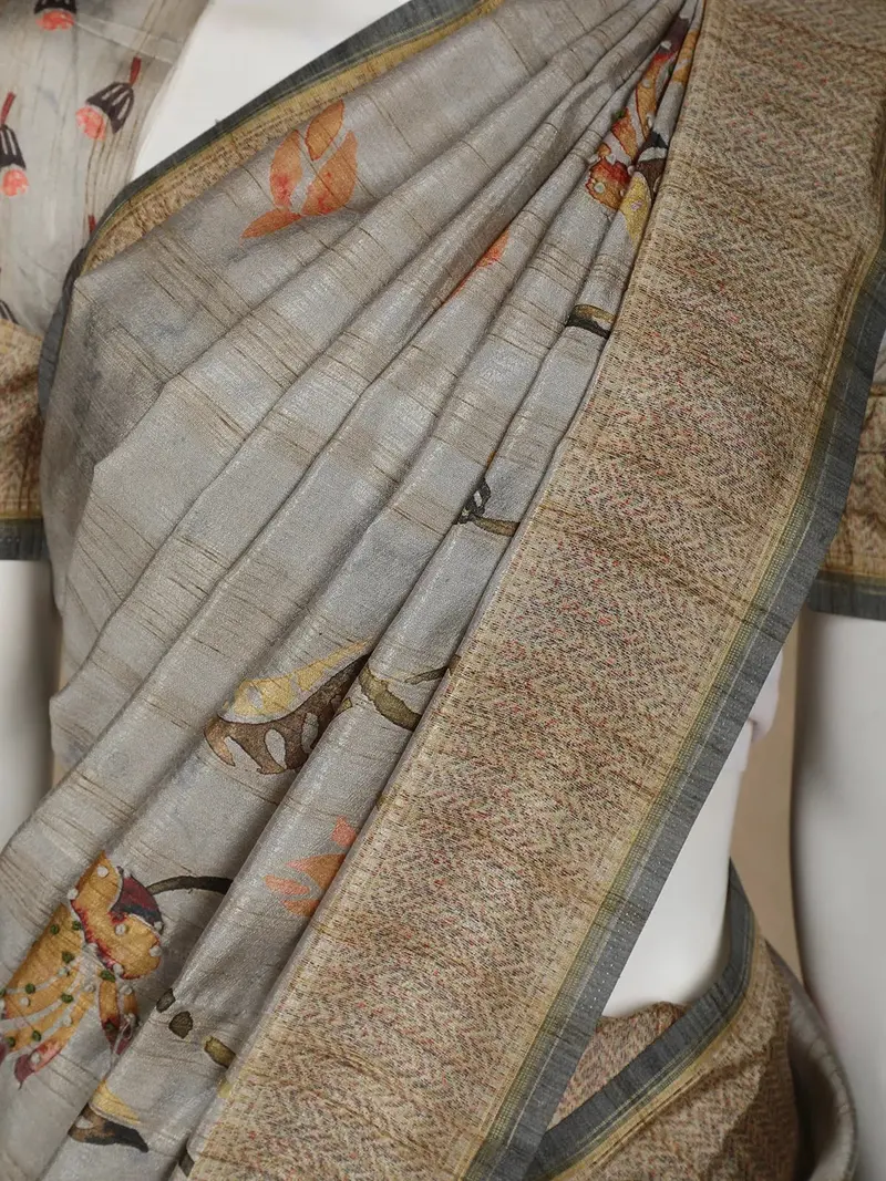 Grey Floral Designed Semi Tussar Silk Saree 2