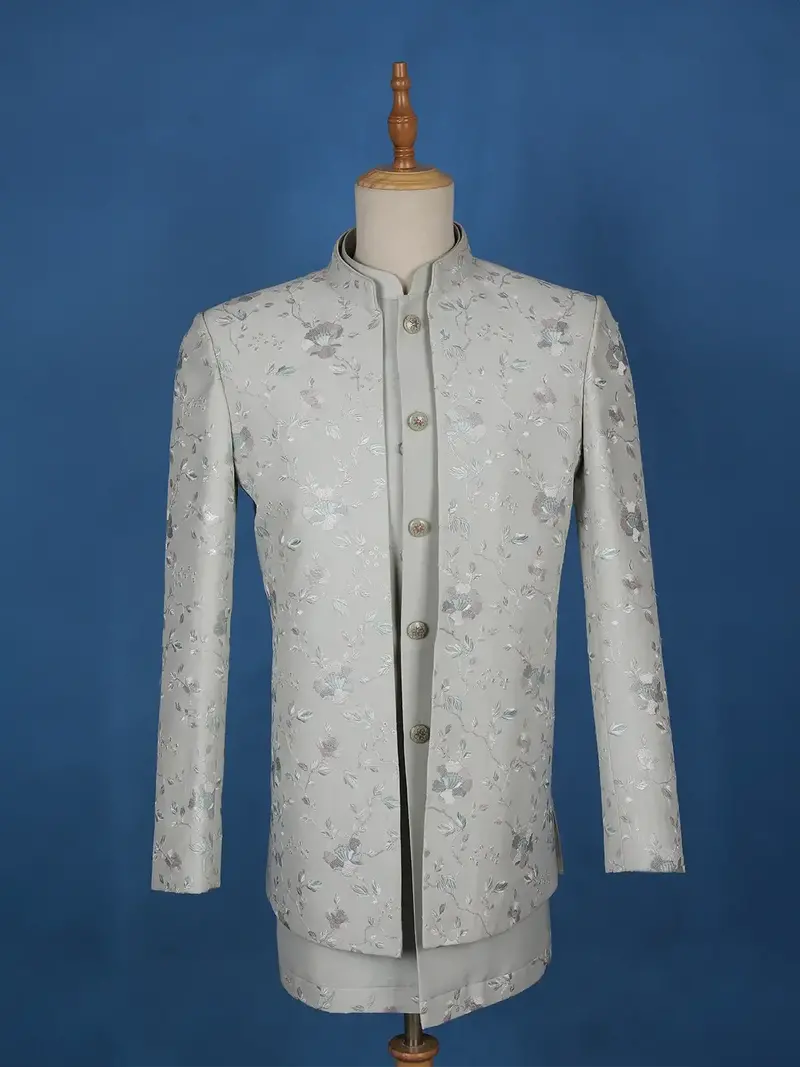 Grey Floral Designed Sherwani Suit 1