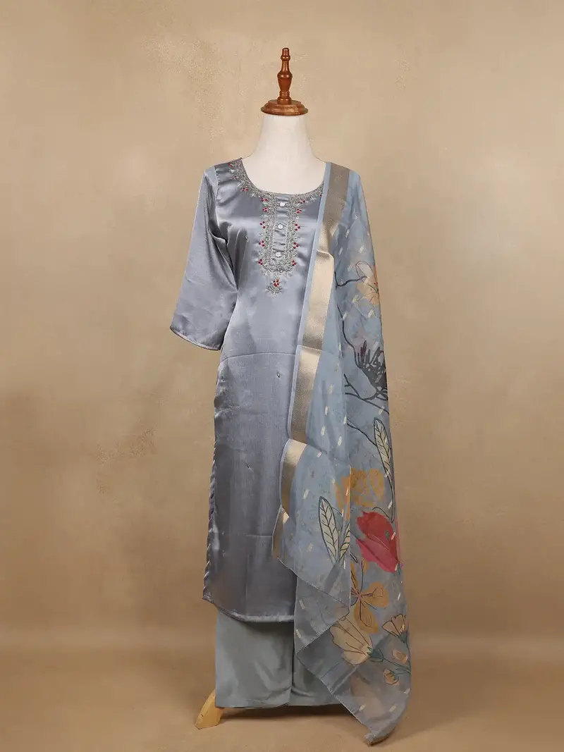 Grey Floral Designed Silk Salwar Suit 1