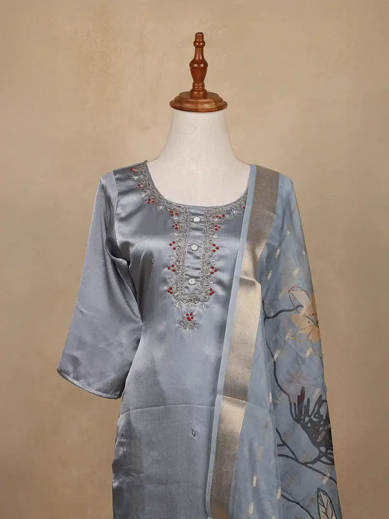 Grey Floral Designed Silk Salwar Suit 2