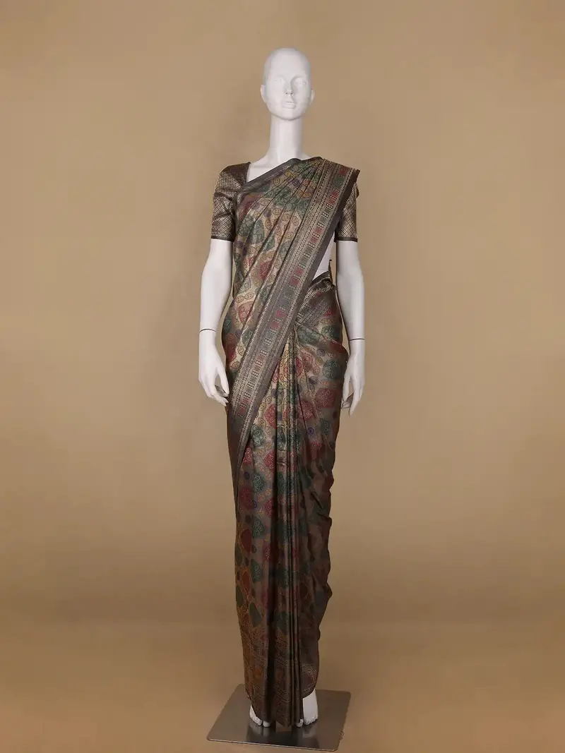 Grey Floral Designed Soft Silk Saree 1