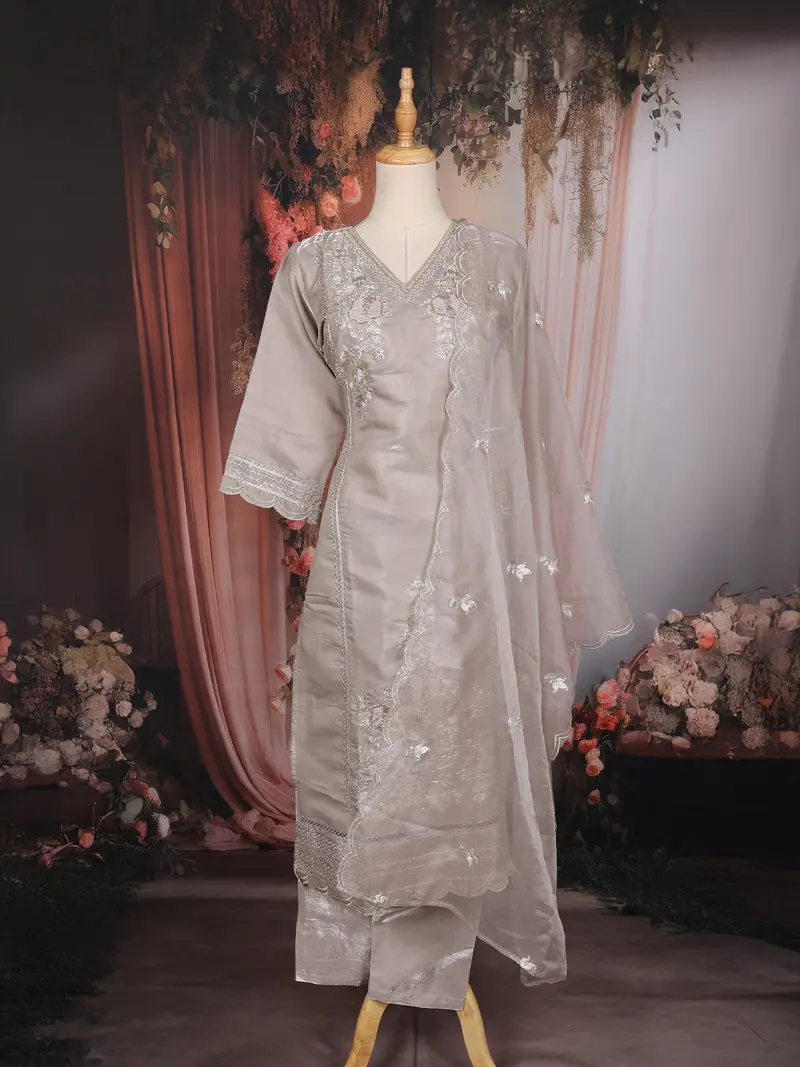 Grey Floral Embroidered Design Tissue Cotton Straight Cut Salwar Suit 1