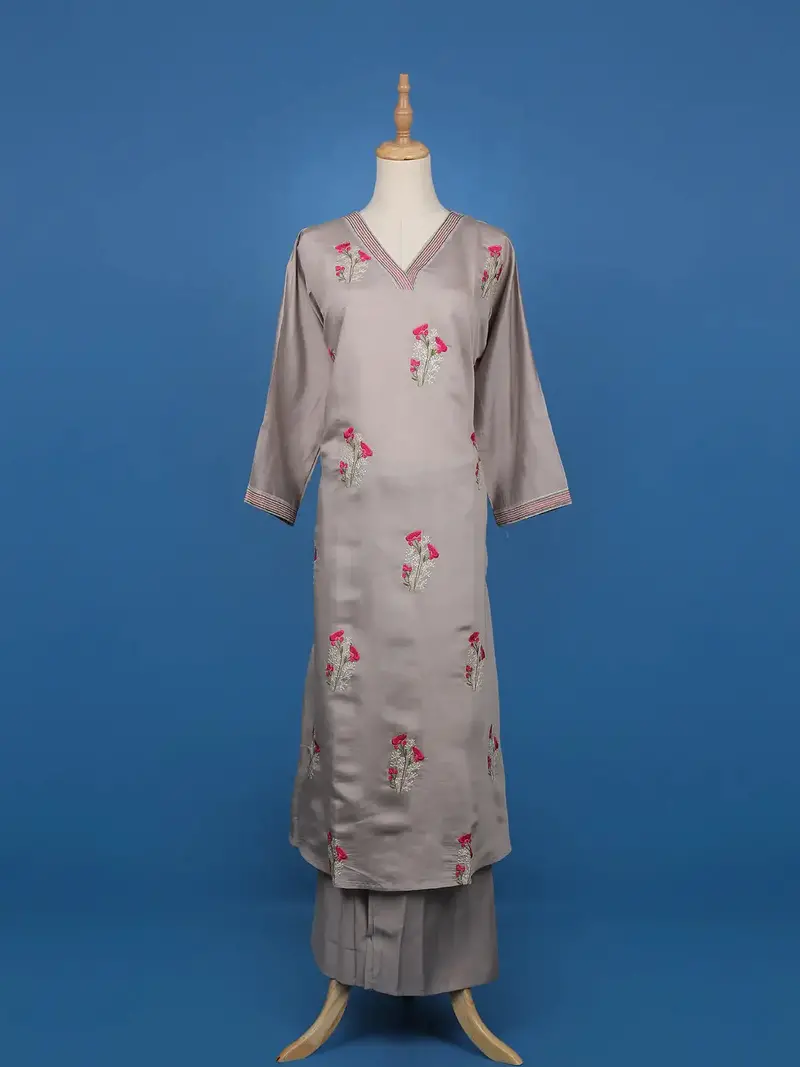 Grey Floral Embroidered Semi-Silk Straight Cut Salwar Suit 1